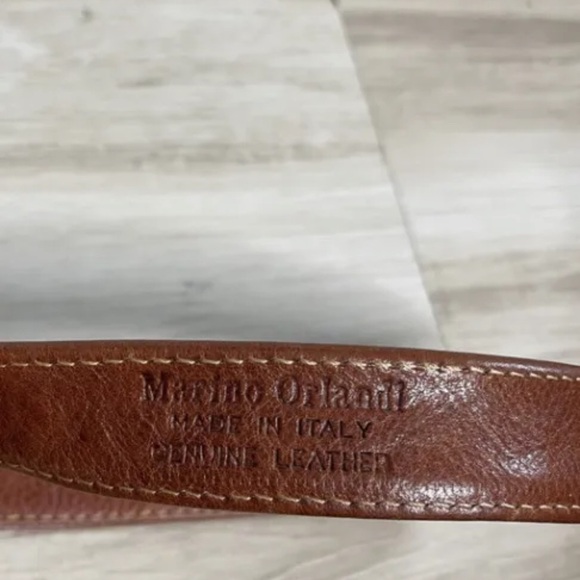 Vintage Large Leather Marino Orlandi Drawstring Buckle Bag. Orange and Brown. - Picture 7 of 8